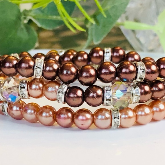 Stretchy Bracelets Set Of 3 Brown Bronzed Tan Bling Rhinestones Y2K Adjustable - Picture 6 of 6